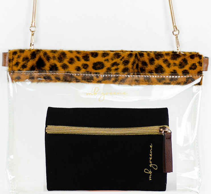 Clear tote bag with leopard print handles. 60% PVC 40% PU. Measuring  approximately 15 x 14 in size., 780373